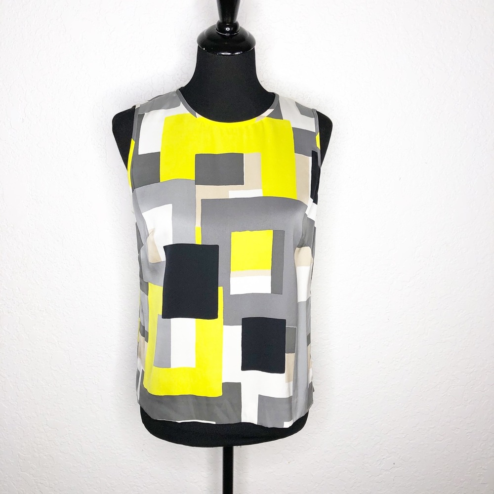 Carlisle Silk Blend Geometric Colorblock Sleeveless Shell Top Yellow Grey Size 6